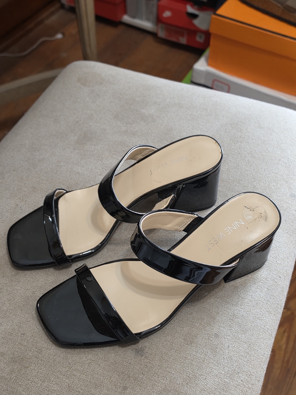 Nine West Black Patent Block Heel Slide Sandals with Beige Insole